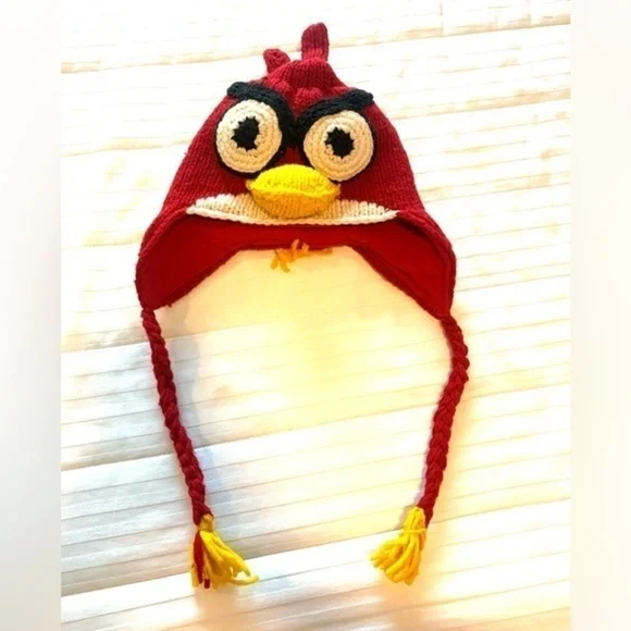Vintage Angry Birds Wool Hat with Tassels Crochet Knit Red White Yellow Black - Picture 3 of 11